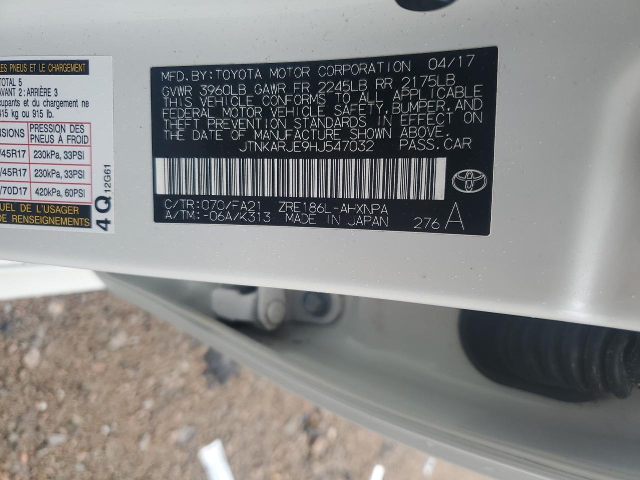 JTNKARJE9HJ547032 TOYOTA COROLLA 2017
