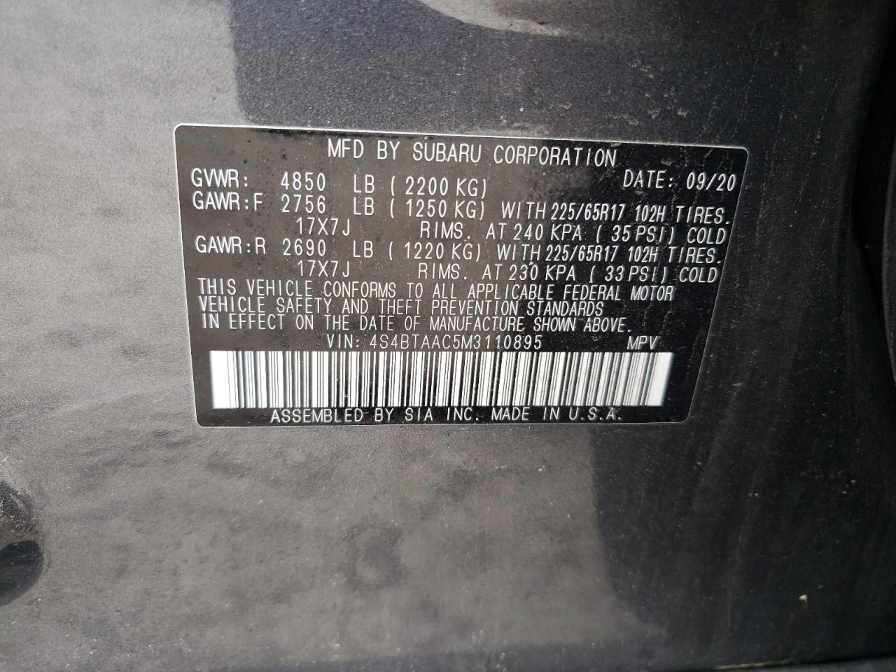 2021 Subaru Outback VIN: 4S4BTAAC5M3110895 Lot: 60705385