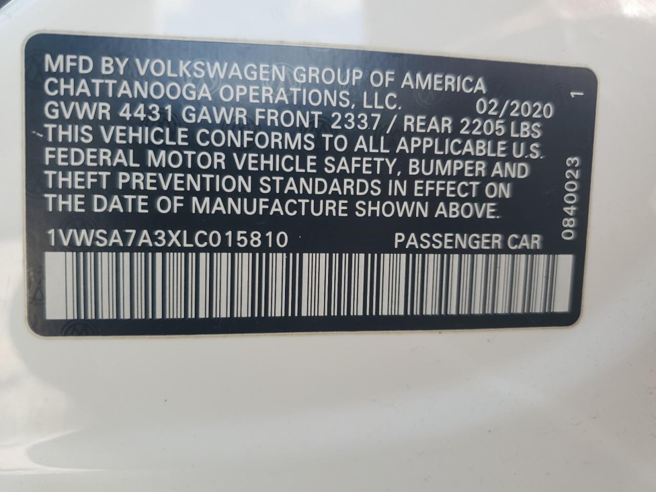 2020 Volkswagen Passat Se VIN: 1VWSA7A3XLC015810 Lot: 61828365