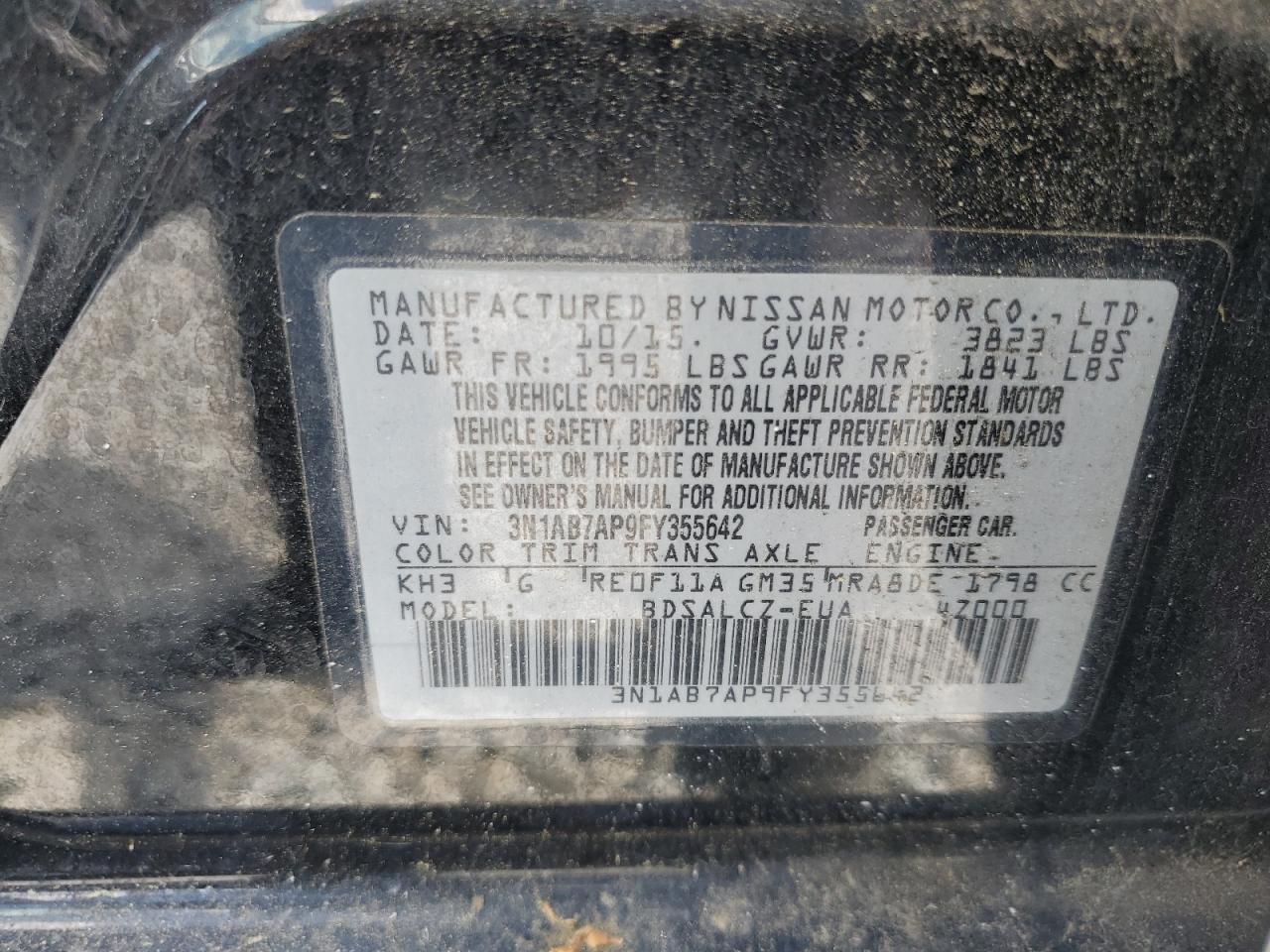 2015 Nissan Sentra S VIN: 3N1AB7AP9FY355642 Lot: 62988505