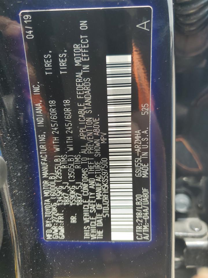 5TDJZRFH5KS597500 TOYOTA HIGHLANDER 2019