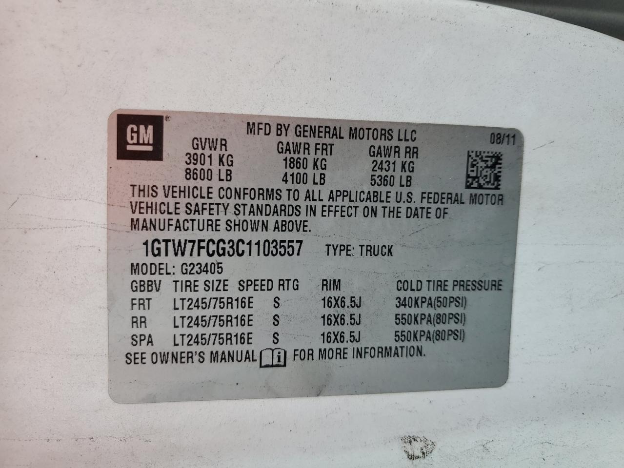 2012 GMC Savana G2500 VIN: 1GTW7FCG3C1103557 Lot: 59938605