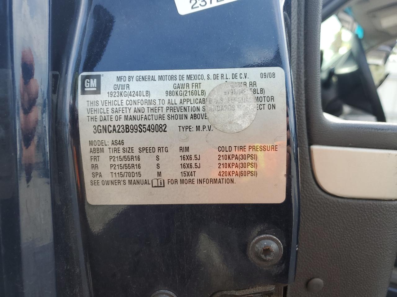 2009 Chevrolet Hhr Lt VIN: 3GNCA23B99S549082 Lot: 61601855