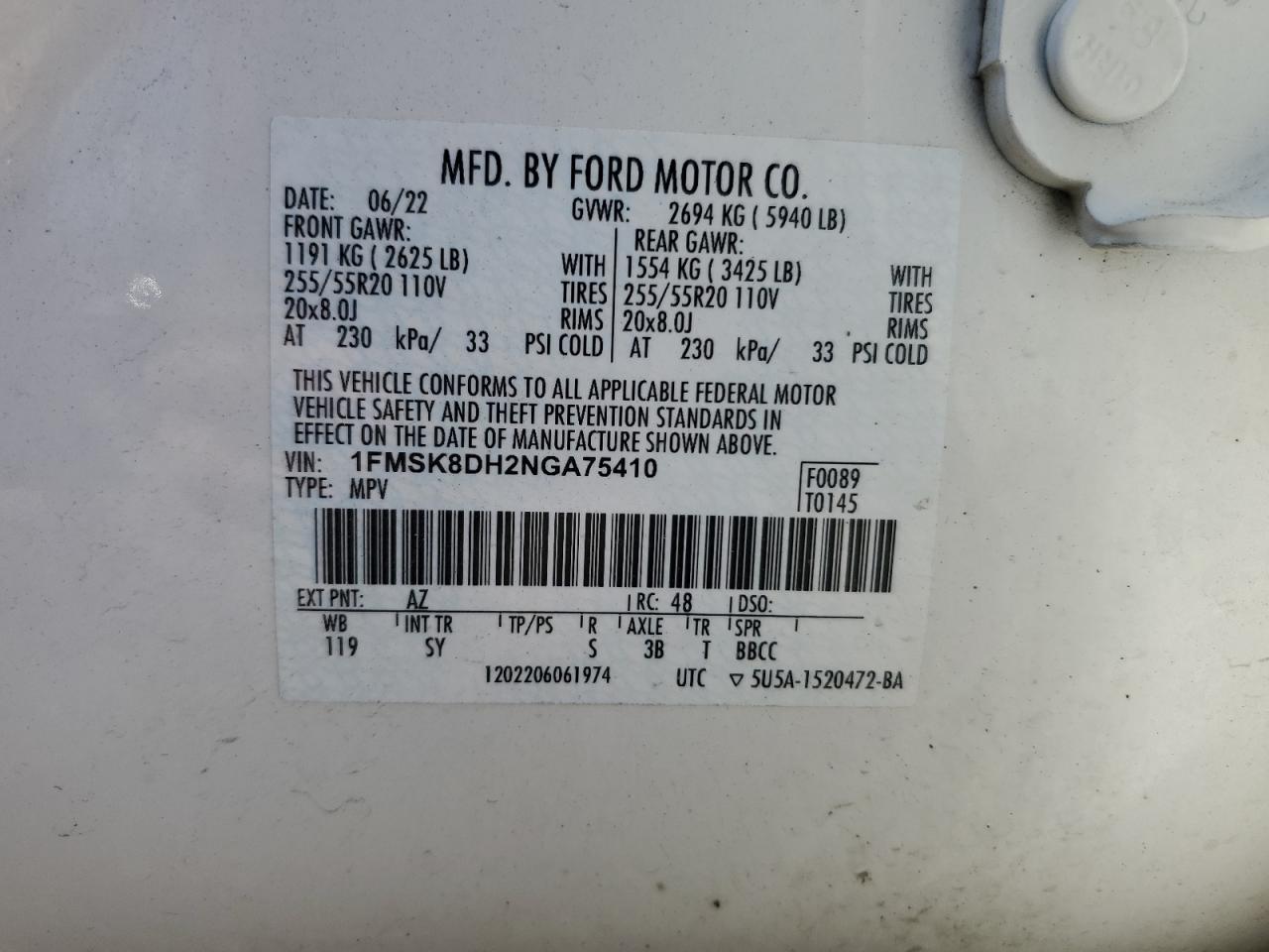 2022 Ford Explorer Xlt VIN: 1FMSK8DH2NGA75410 Lot: 62562265