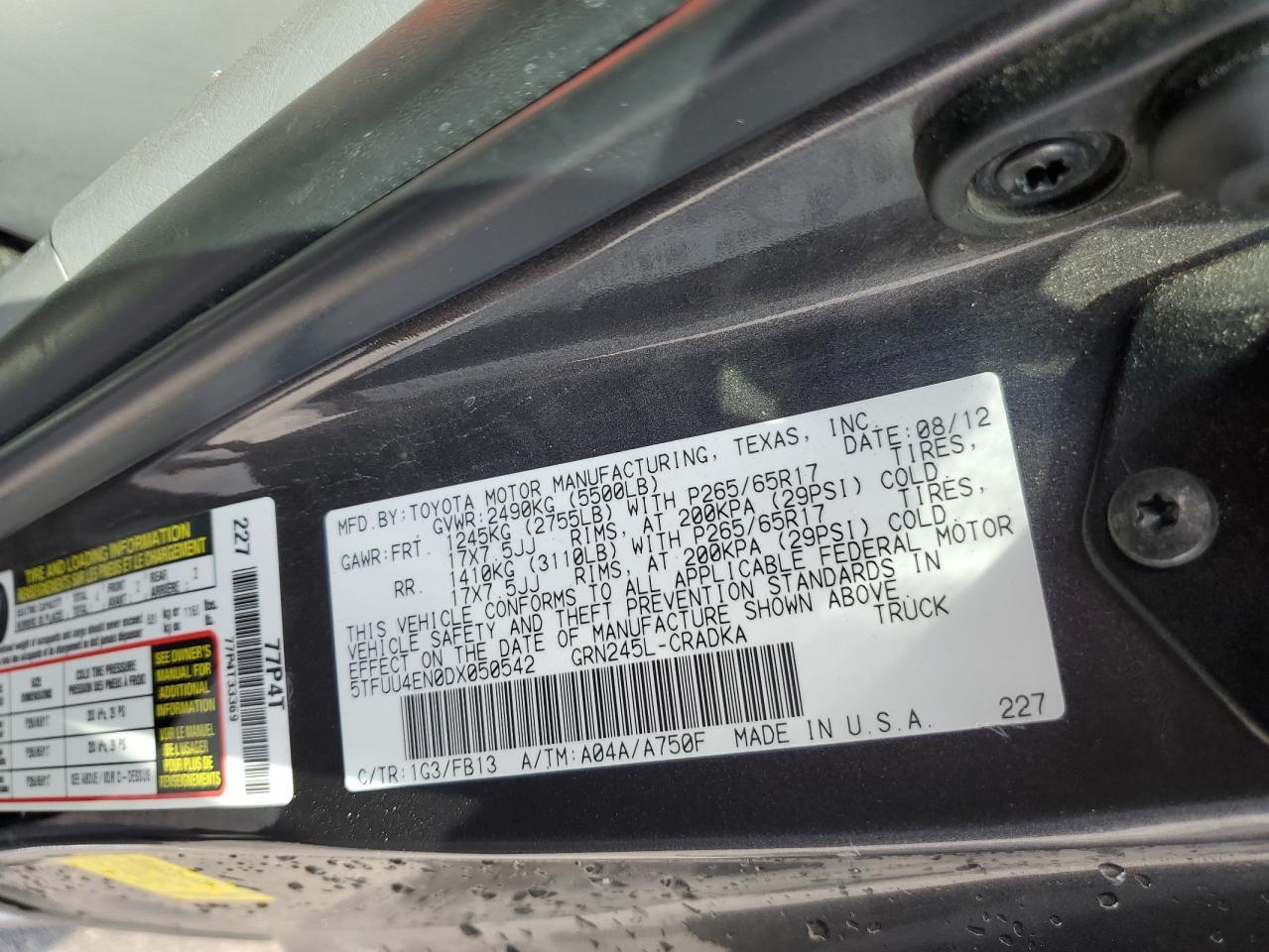 2013 Toyota Tacoma VIN: 5TFUU4EN0DX050542 Lot: 63077155