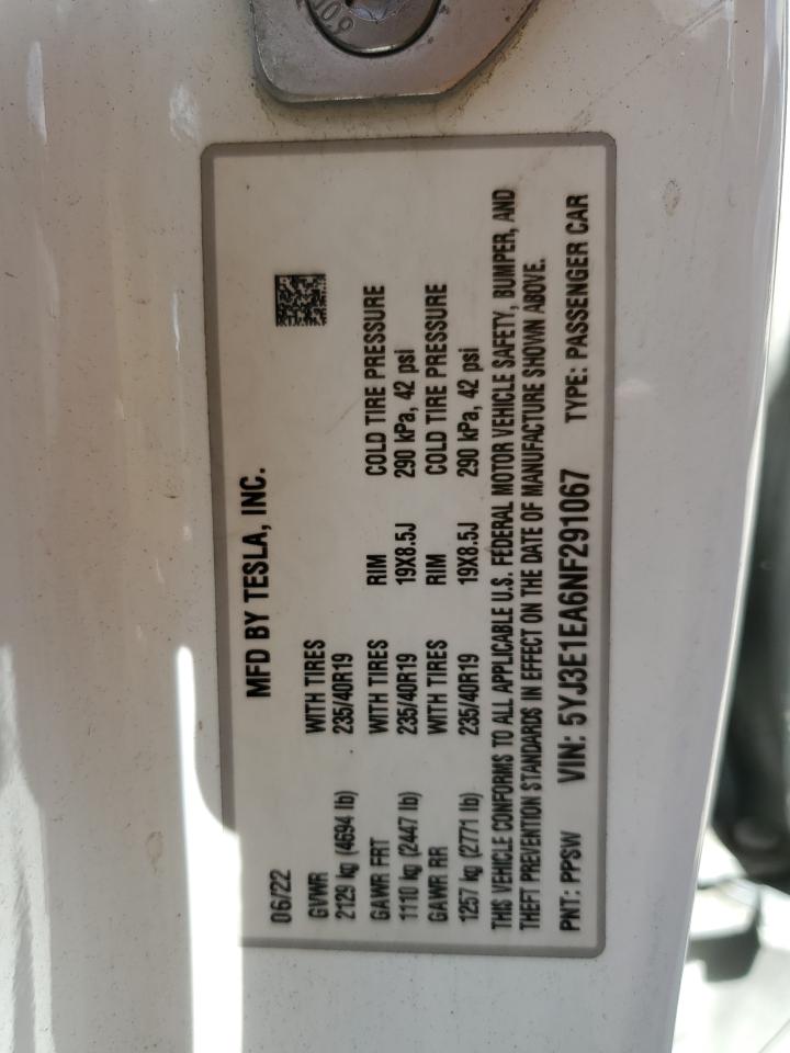 2022 Tesla Model 3 VIN: 5YJ3E1EA6NF291067 Lot: 61076955