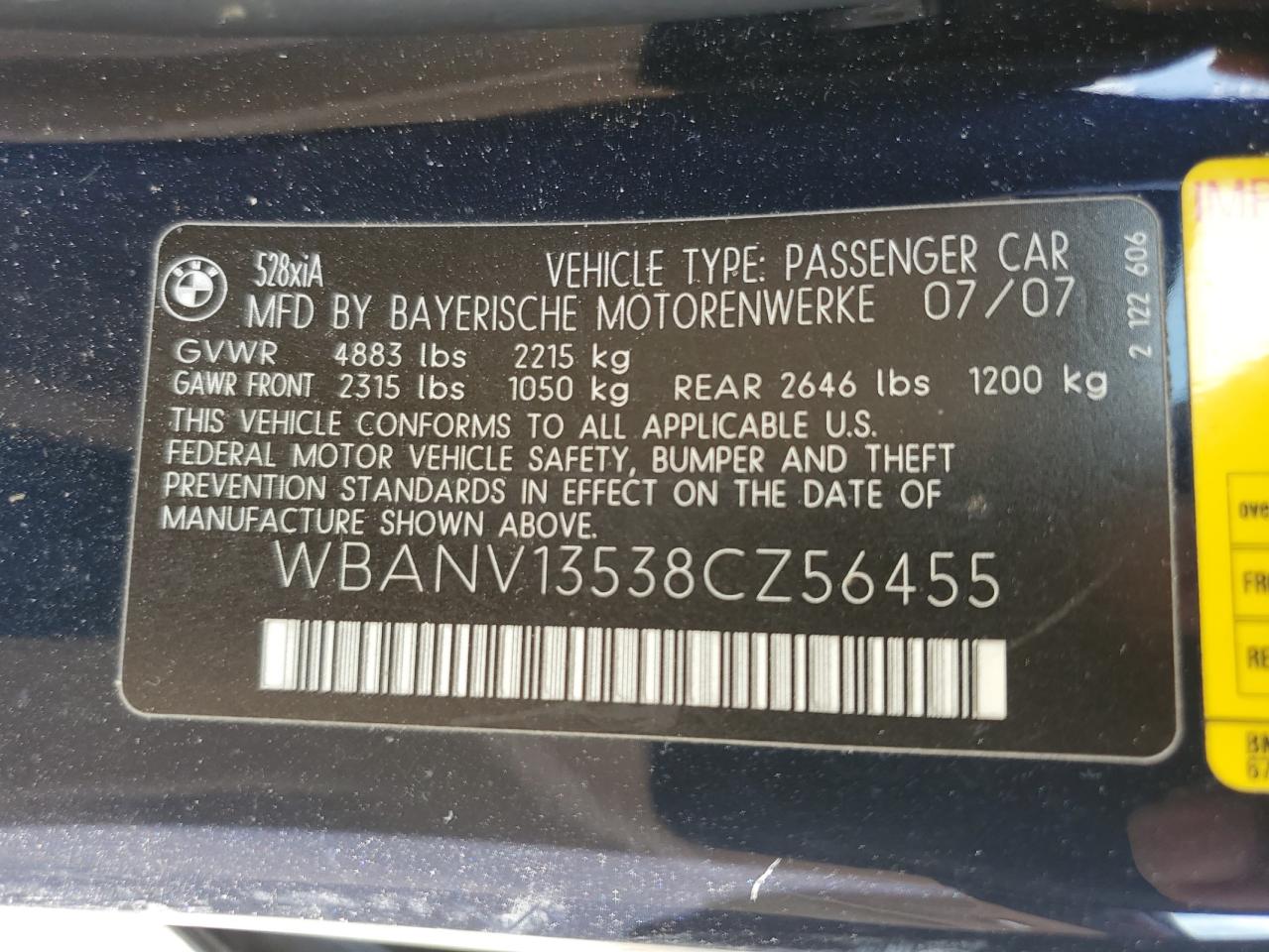2008 BMW 528 Xi VIN: WBANV13538CZ56455 Lot: 60253705