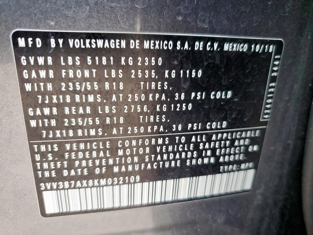 2019 Volkswagen Tiguan Se VIN: 3VV3B7AX8KM032109 Lot: 63041375