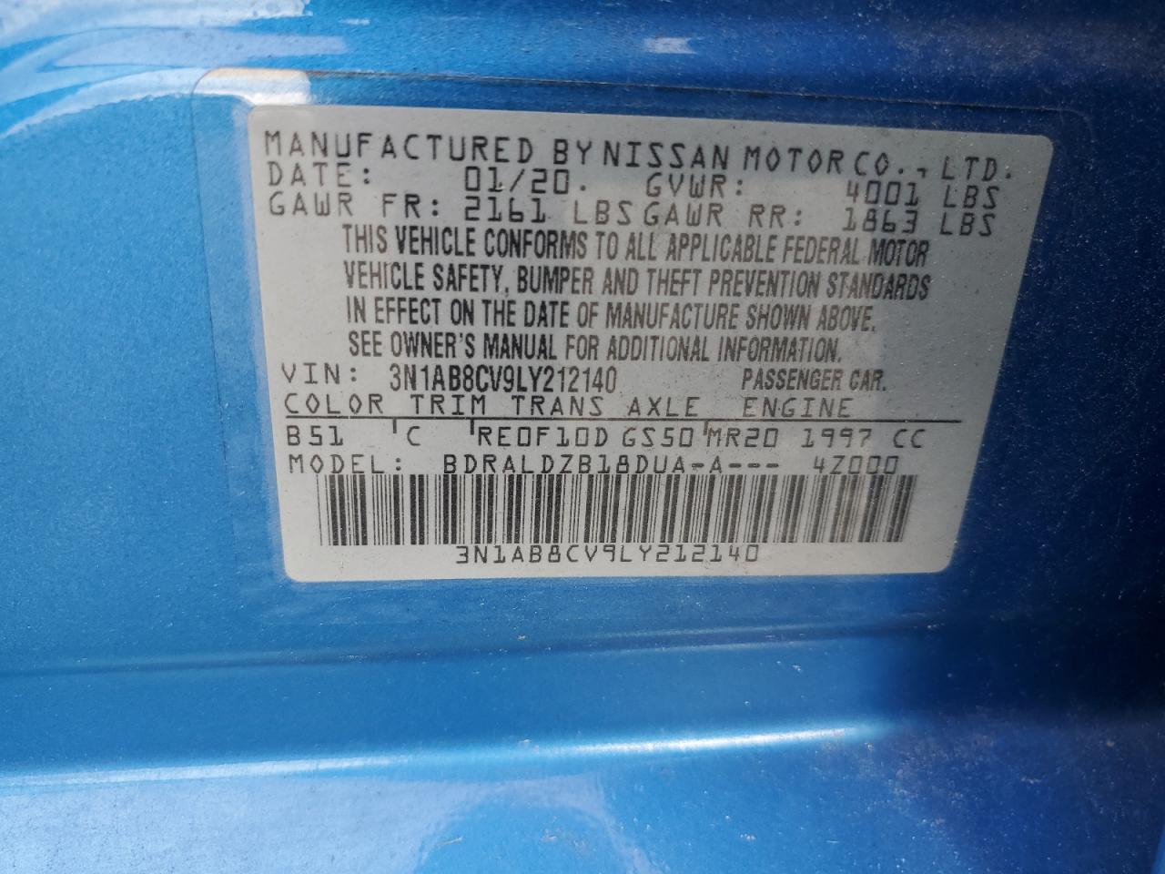 2020 Nissan Sentra Sv VIN: 3N1AB8CV9LY212140 Lot: 59492155