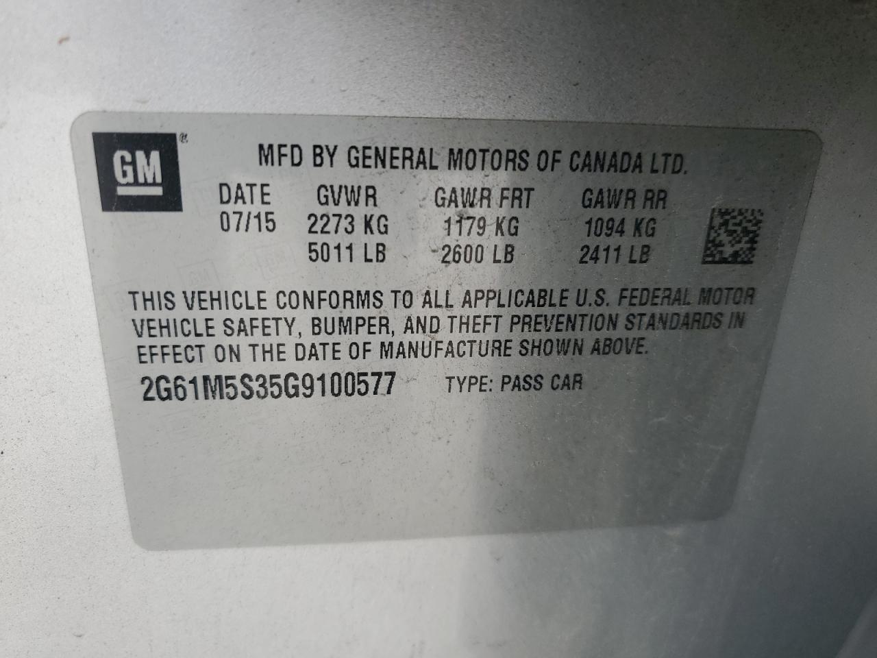 2016 Cadillac Xts Luxury Collection VIN: 2G61M5S35G9100577 Lot: 58768355