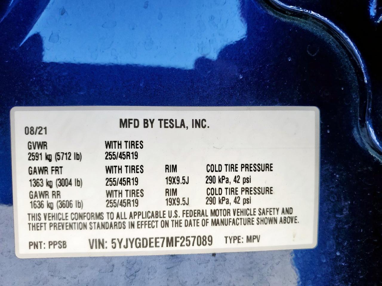 2021 Tesla Model Y VIN: 5YJYGDEE7MF257089 Lot: 62751645