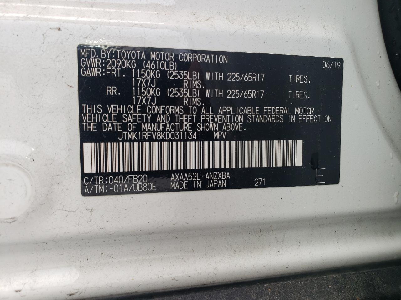 JTMK1RFV8KD031134 TOYOTA RAV4 2019