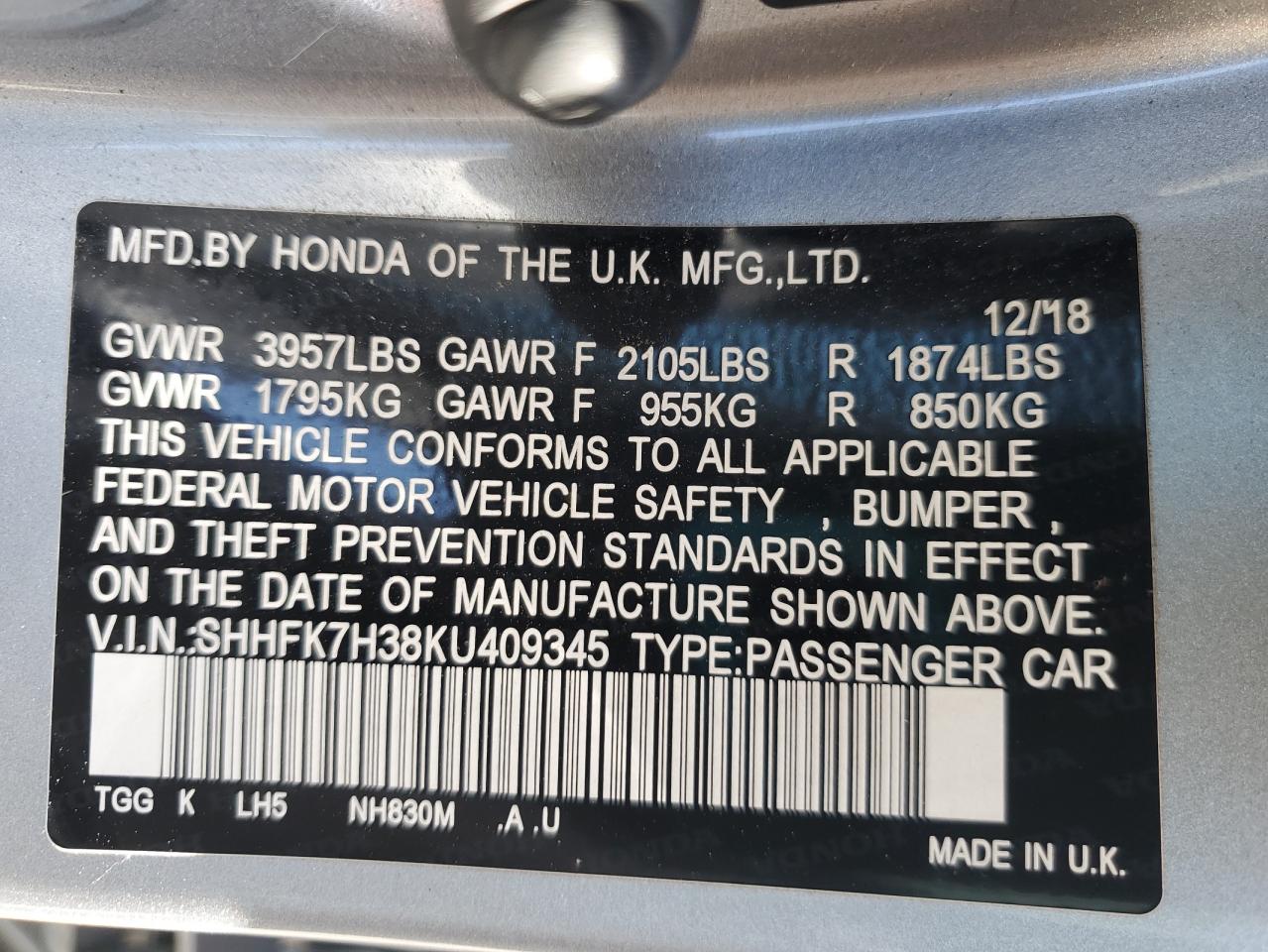 2019 Honda Civic Lx VIN: SHHFK7H38KU409345 Lot: 61180265