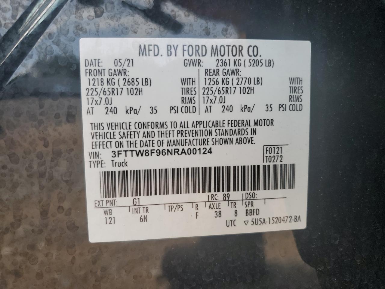 2022 Ford Maverick Xl VIN: 3FTTW8F96NRA00124 Lot: 61826585