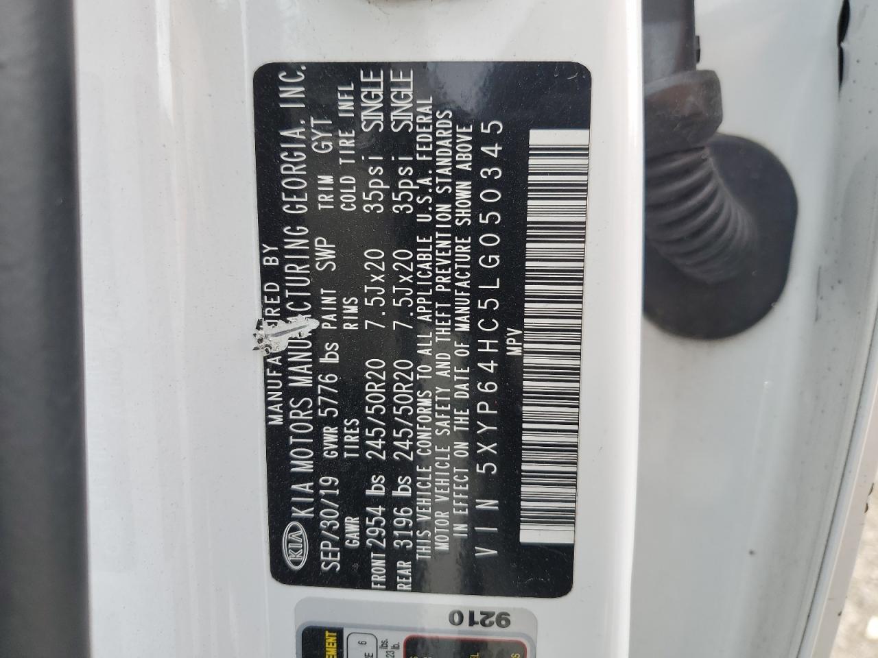 2020 Kia Telluride S VIN: 5XYP64HC5LG050345 Lot: 59845525