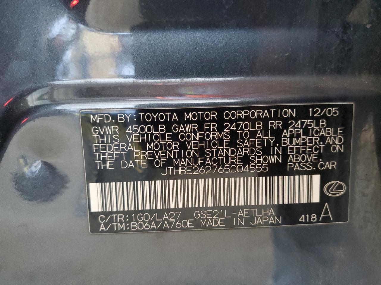 2006 Lexus Is 350 VIN: JTHBE262765004555 Lot: 61045115