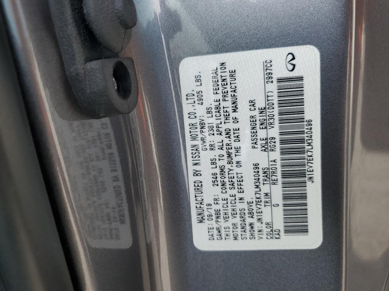 2020 Infiniti Q60 Pure VIN: JN1EV7EK7LM340496 Lot: 62842175