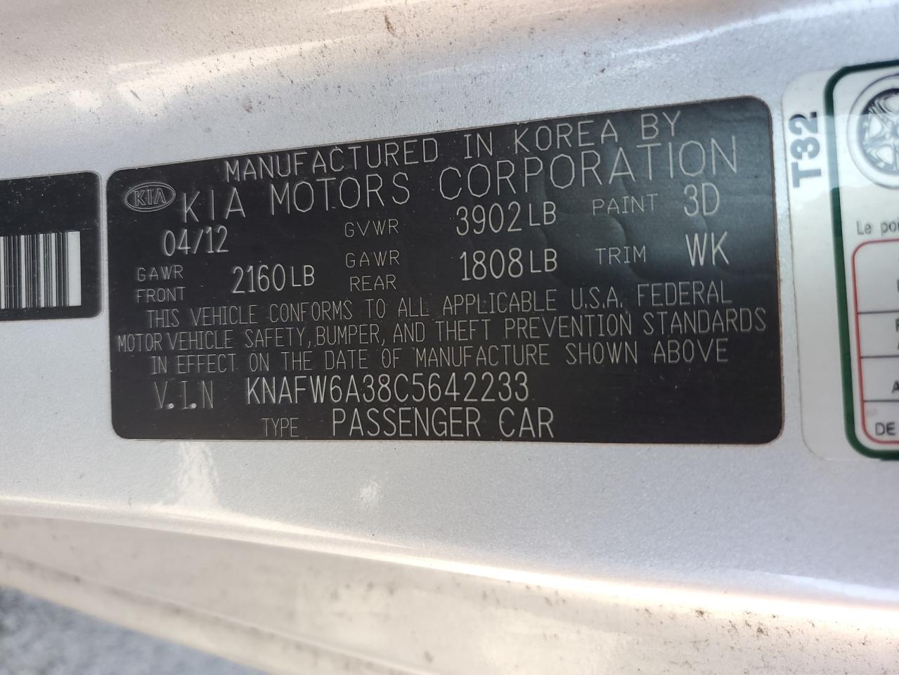 2012 Kia Forte Sx VIN: KNAFW6A38C5642233 Lot: 60568565