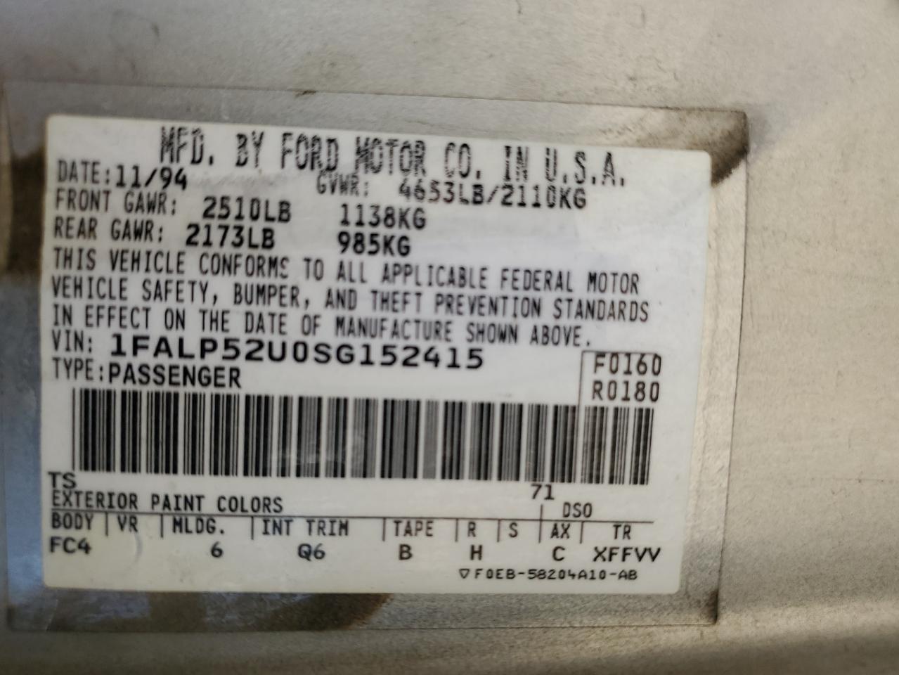 1995 Ford Taurus Gl VIN: 1FALP52U0SG152415 Lot: 62920765