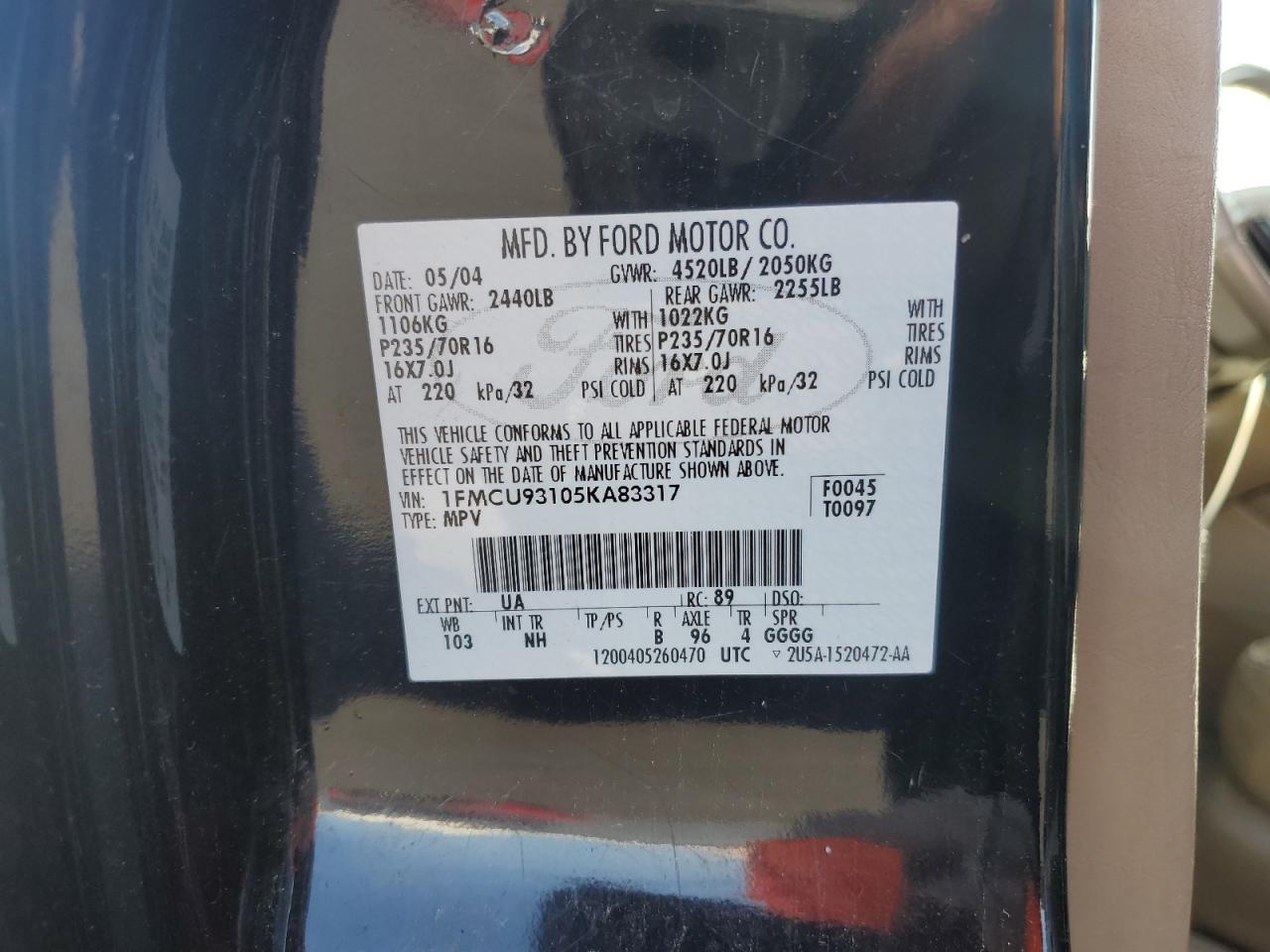 2005 Ford Escape Xlt VIN: 1FMCU93105KA83317 Lot: 60889945