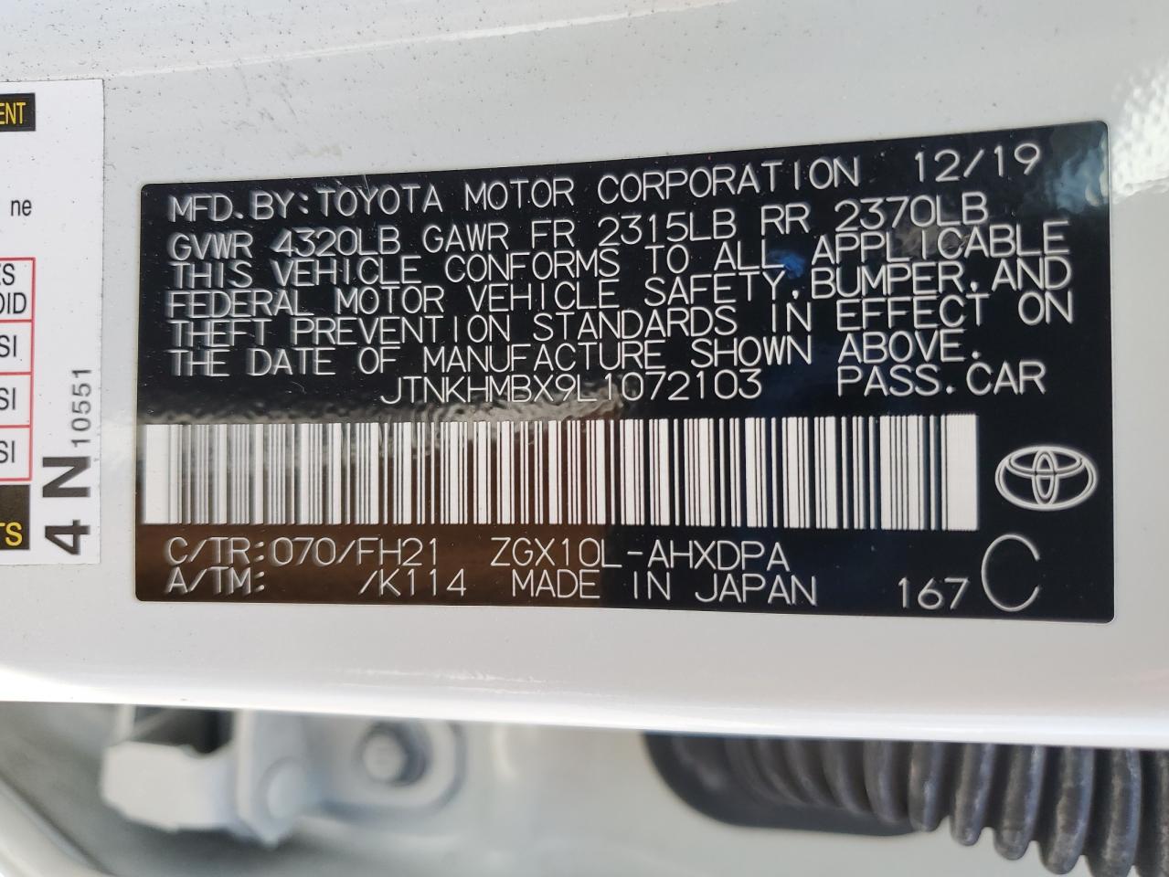 2020 Toyota C-Hr Xle VIN: JTNKHMBX9L1072103 Lot: 59116365