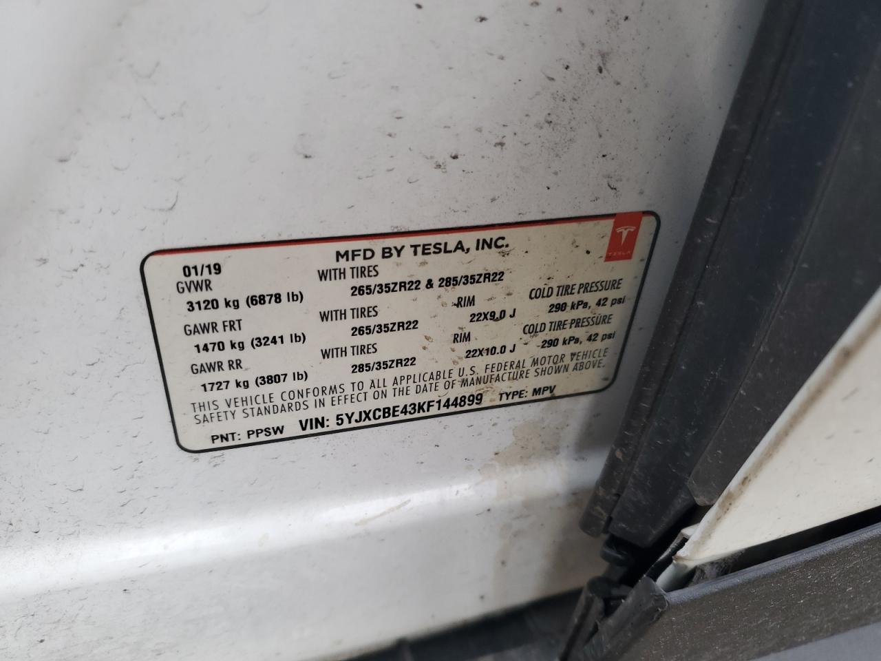 2019 Tesla Model X VIN: 5YJXCBE43KF144899 Lot: 59030965