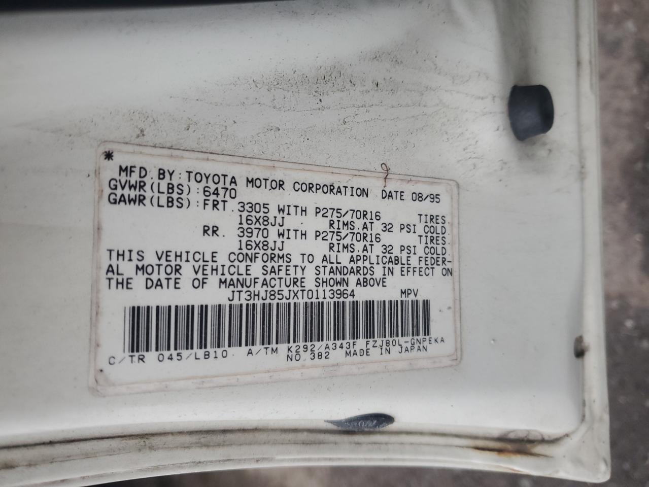 1996 Toyota Land Cruiser Hj85 VIN: JT3HJ85JXT0113964 Lot: 61984525