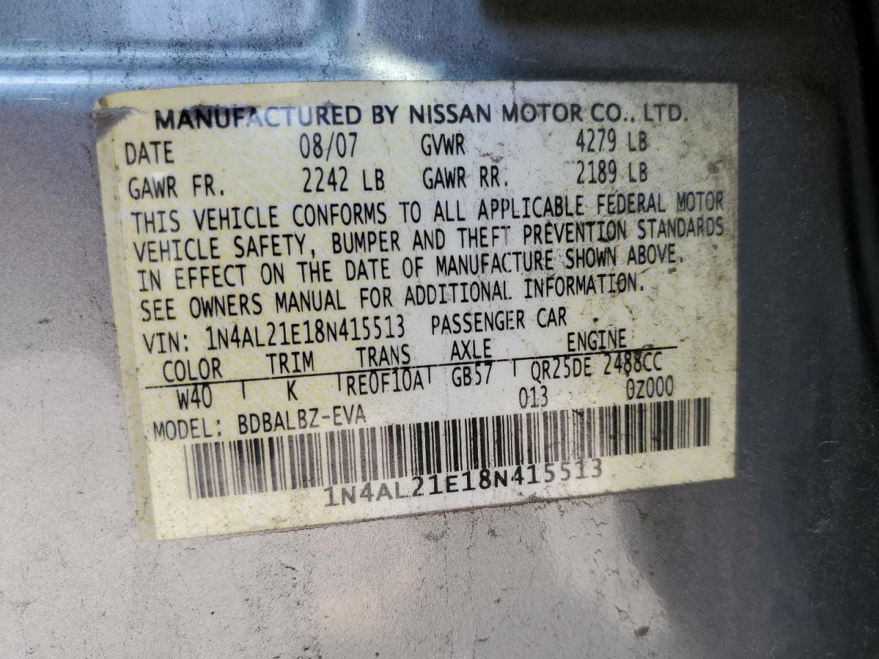 2008 Nissan Altima 2.5 VIN: 1N4AL21E18N415513 Lot: 93041145