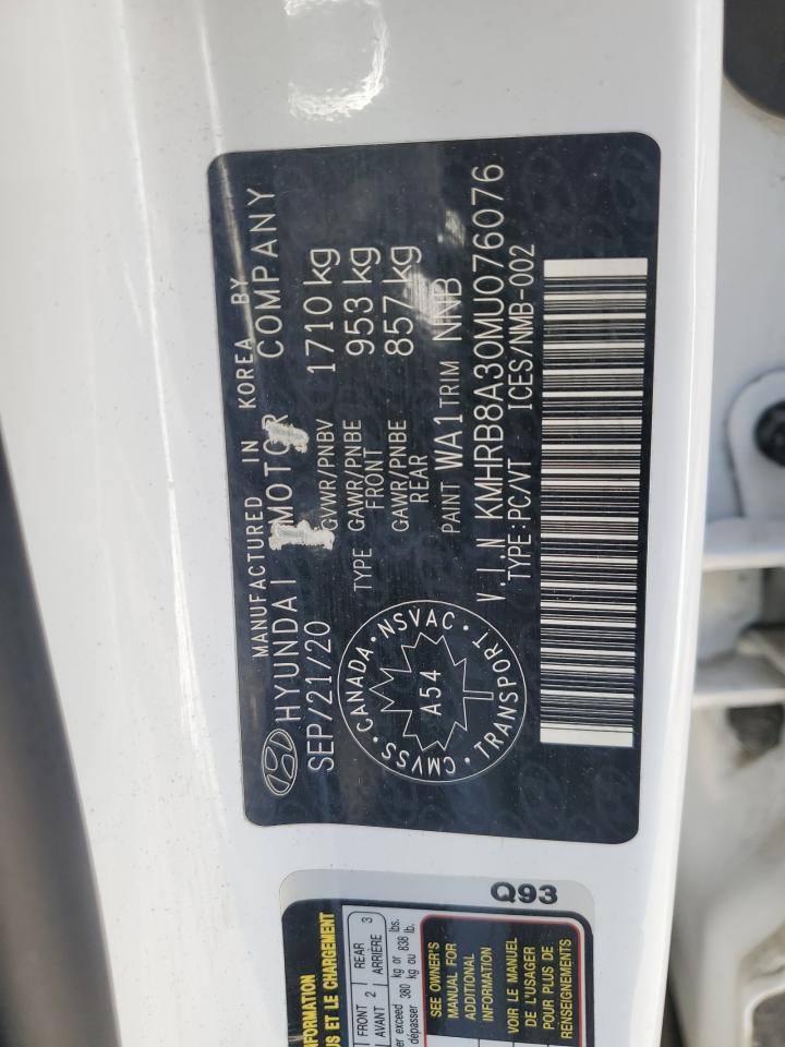 2021 Hyundai Venue Se VIN: KMHRB8A30MU076076 Lot: 62711345