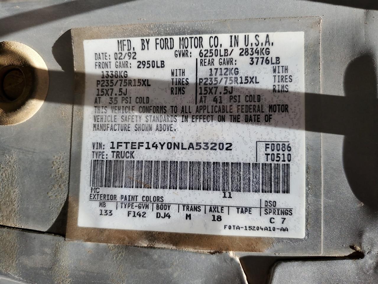 1992 Ford F150 VIN: 1FTEF14Y0NLA53202 Lot: 62348545