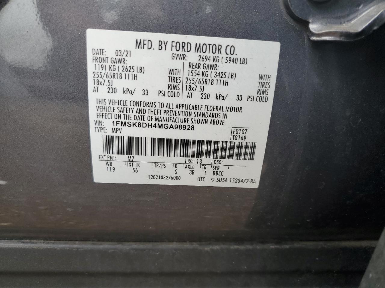 2021 Ford Explorer Xlt VIN: 1FMSK8DH4MGA98928 Lot: 62561665