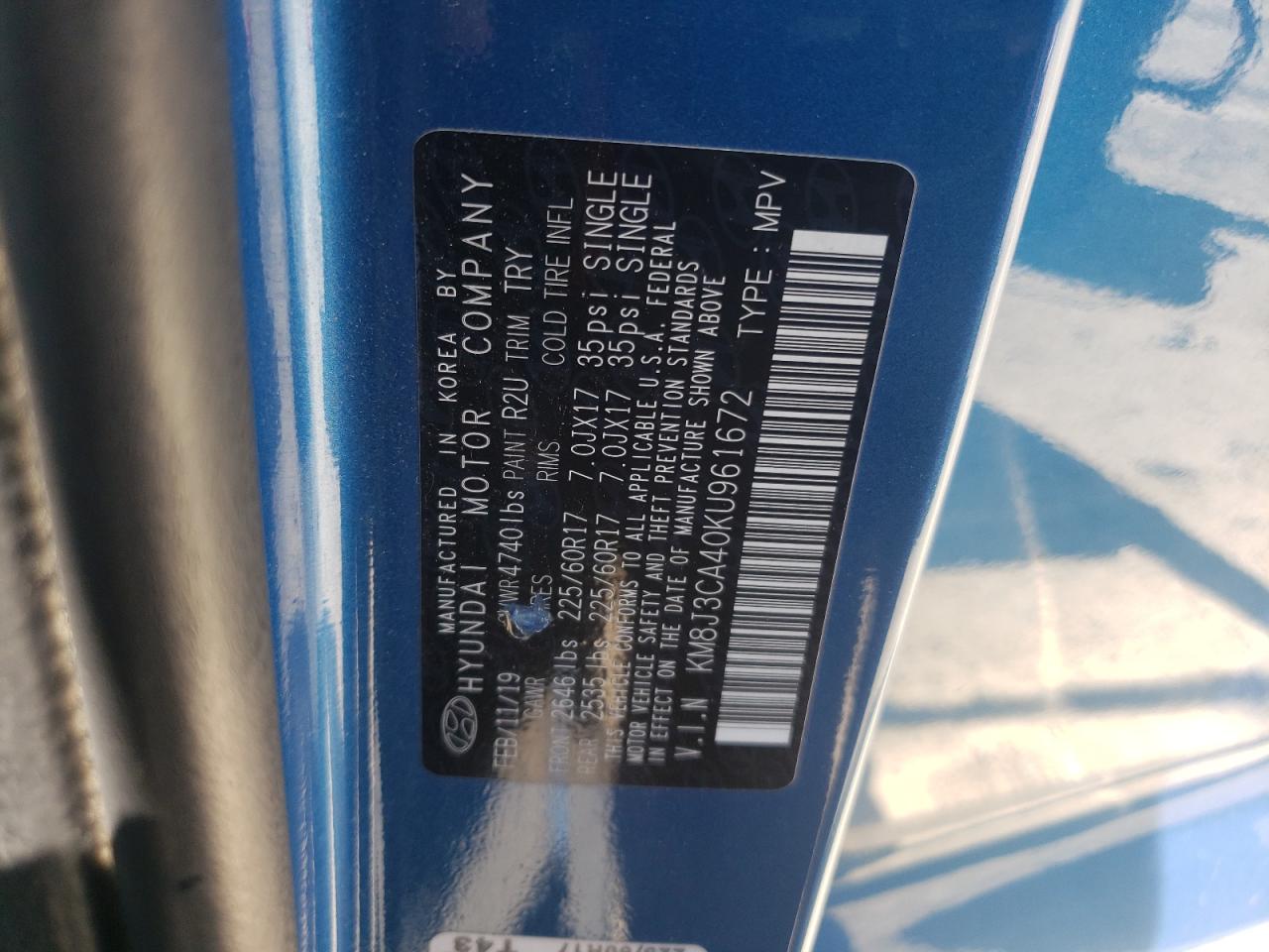 2019 Hyundai Tucson Limited VIN: KM8J3CA40KU961672 Lot: 58333105