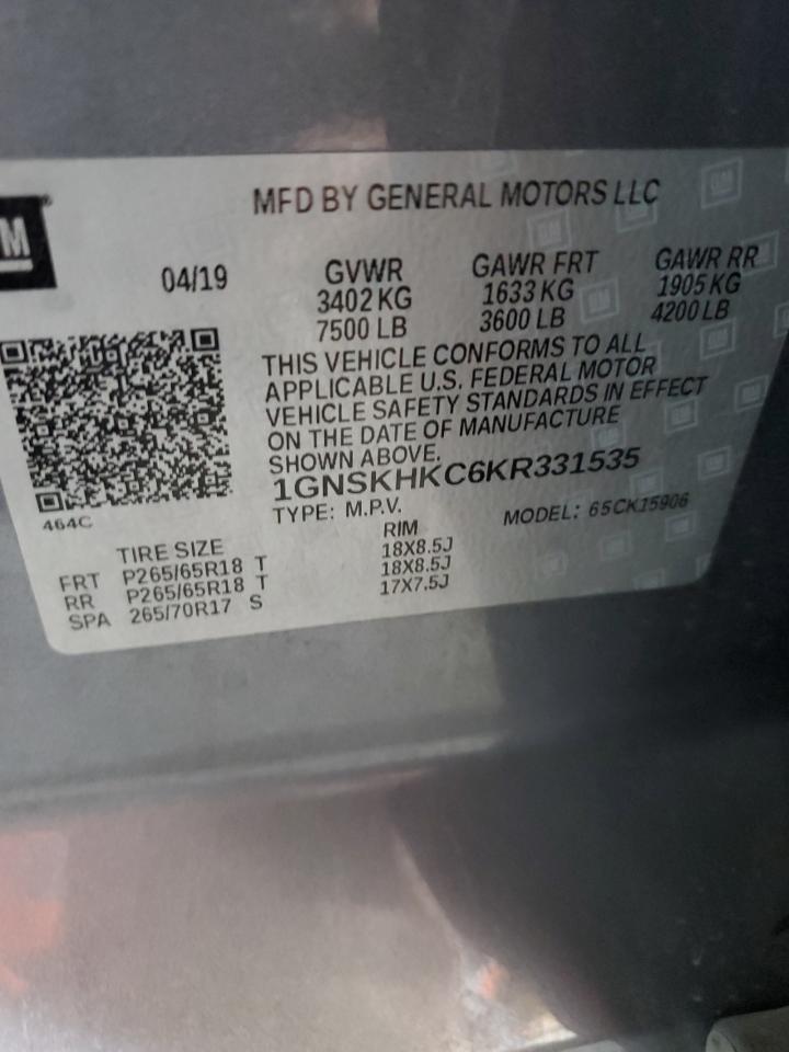 2019 Chevrolet Suburban K1500 Lt VIN: 1GNSKHKC6KR331535 Lot: 61255215
