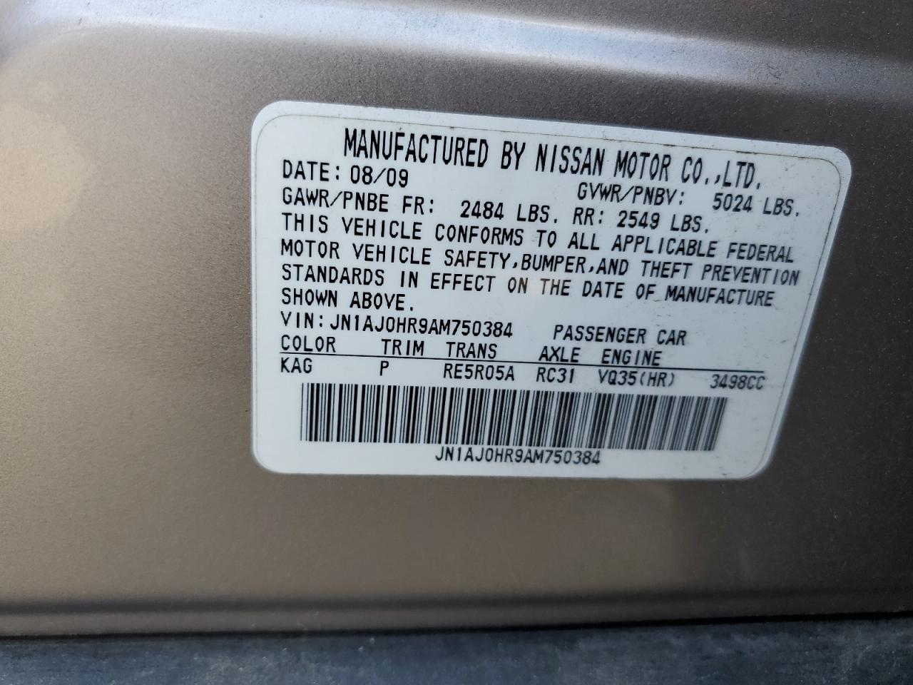 2010 Infiniti Ex35 Base VIN: JN1AJ0HR9AM750384 Lot: 61284955