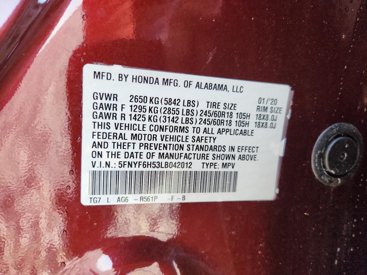 5FNYF6H53LB042012 HONDA PILOT 2020