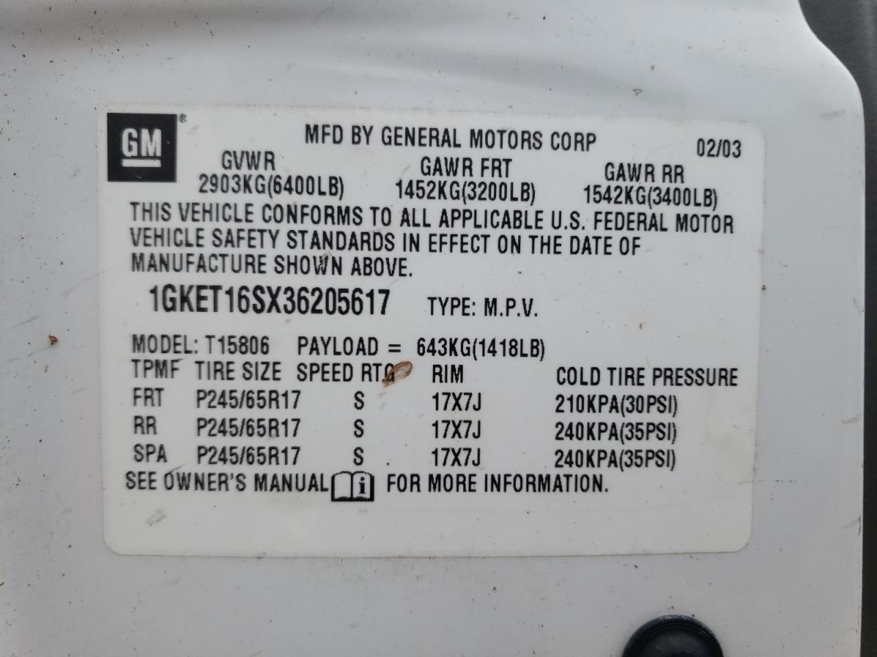 2003 GMC Envoy Xl VIN: 1GKET16SX36205617 Lot: 61038125