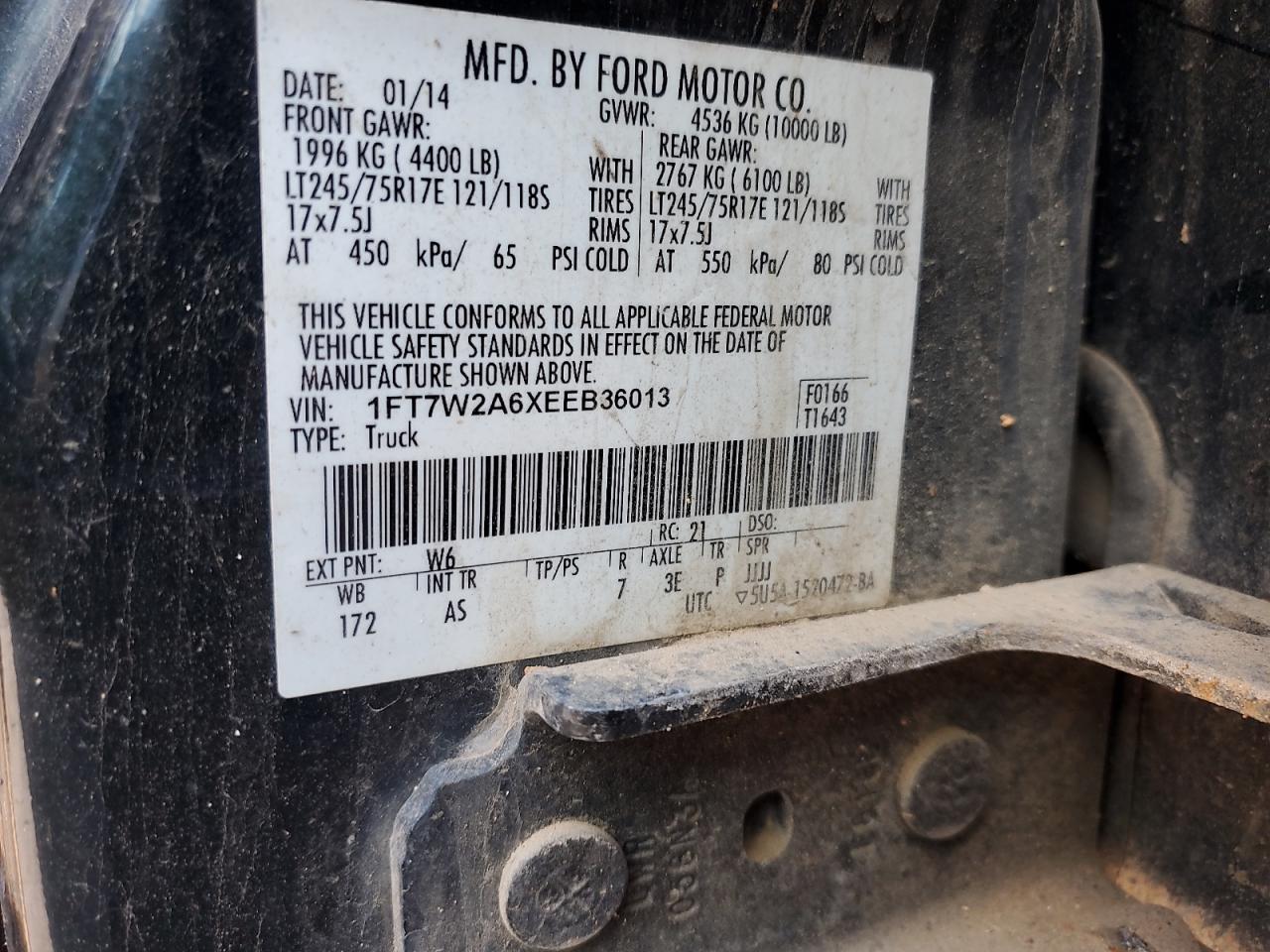 2014 Ford F250 Super Duty VIN: 1FT7W2A6XEEB36013 Lot: 62713075