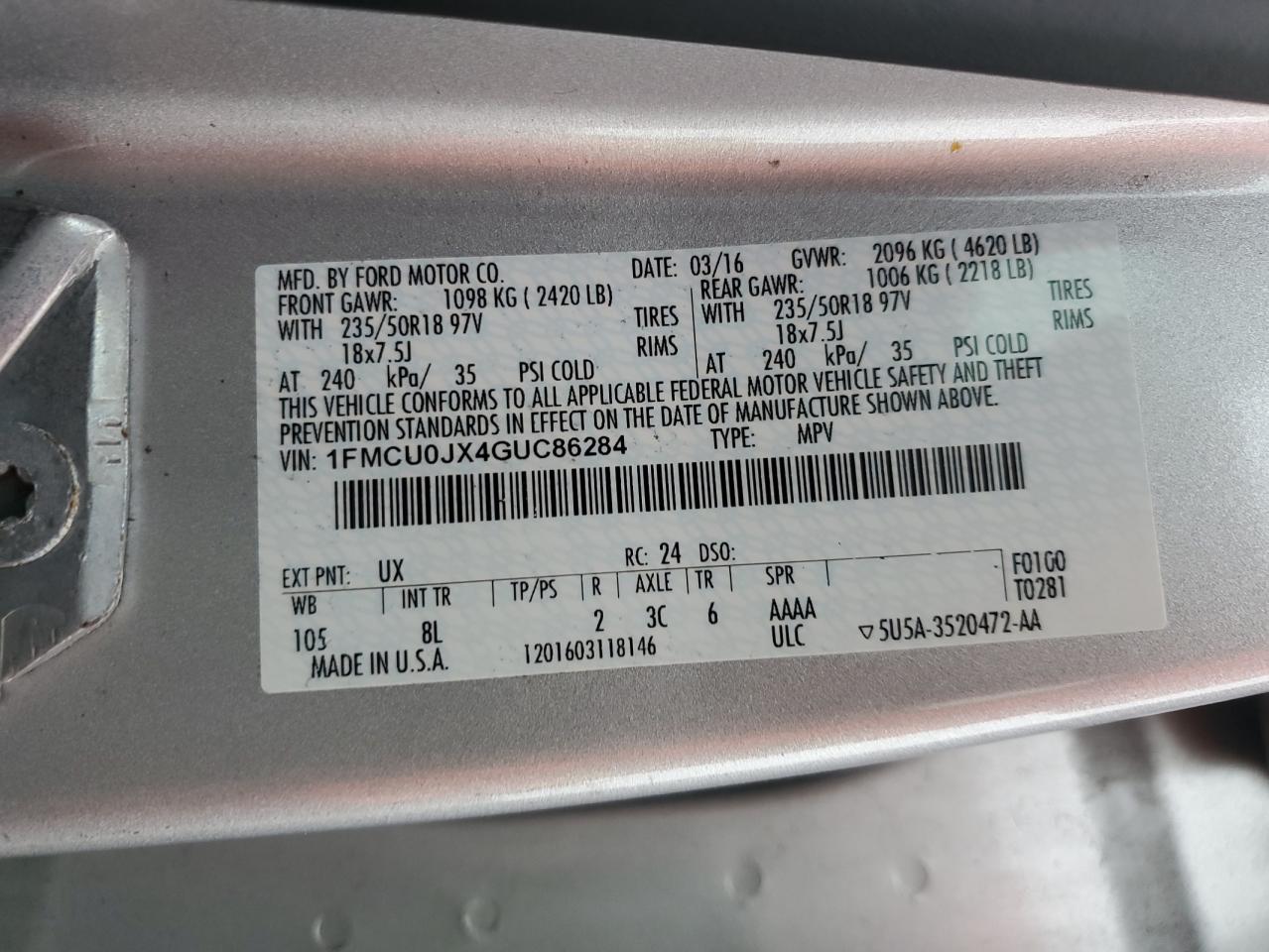 1FMCU0JX4GUC86284 FORD ESCAPE 2016