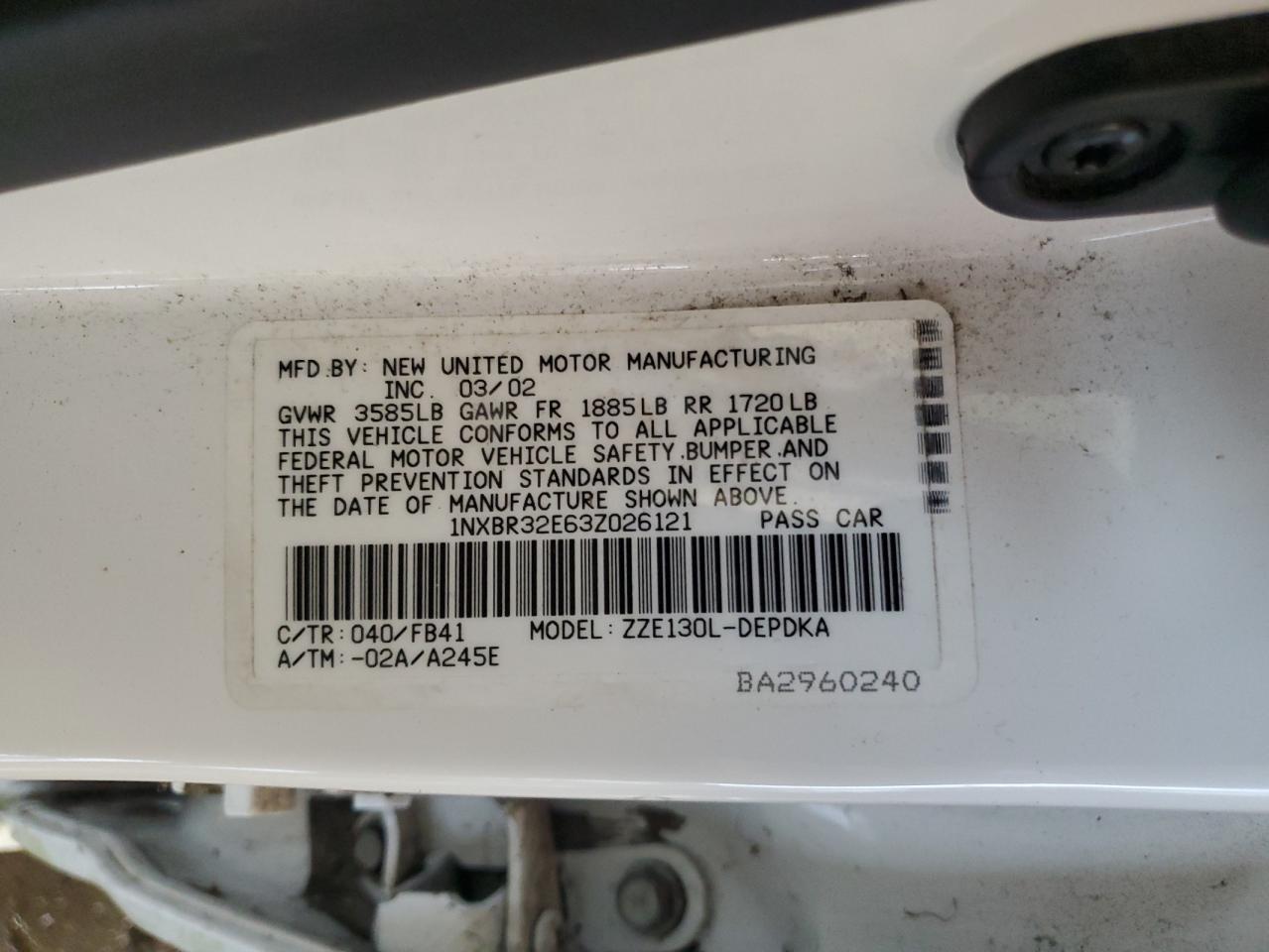 2003 Toyota Corolla Ce VIN: 1NXBR32E63Z026121 Lot: 61874495