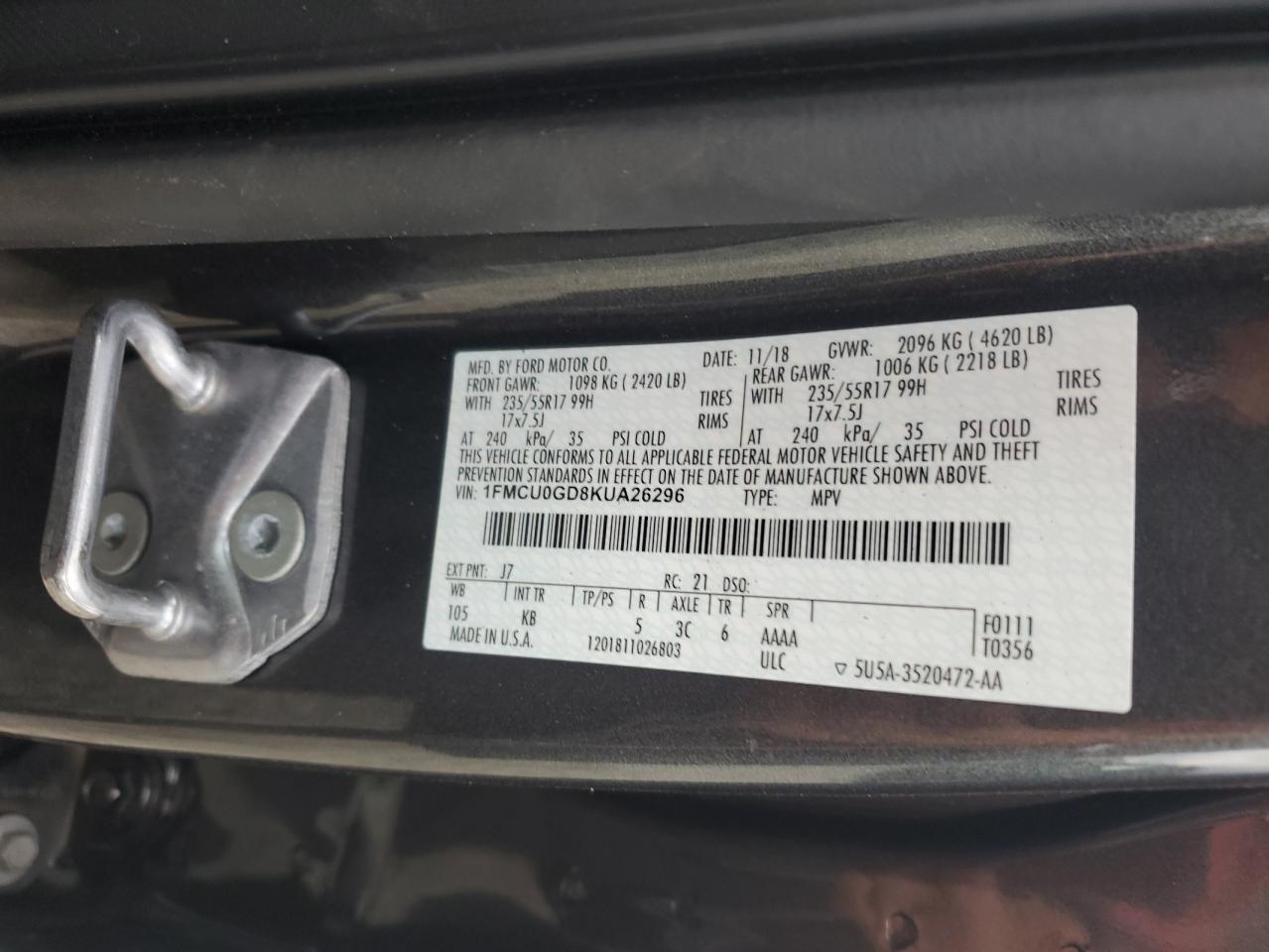 1FMCU0GD8KUA26296 FORD ESCAPE 2019