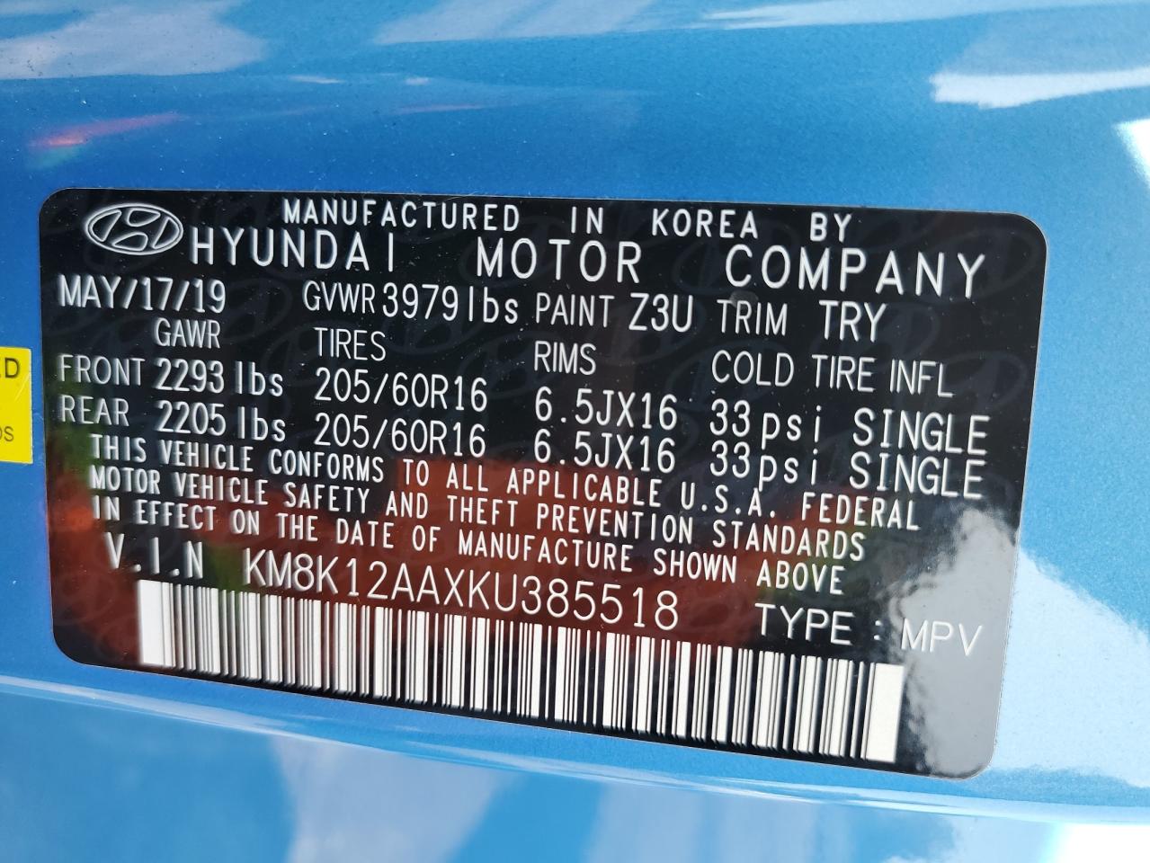 2019 Hyundai Kona Se VIN: KM8K12AAXKU385518 Lot: 60841465