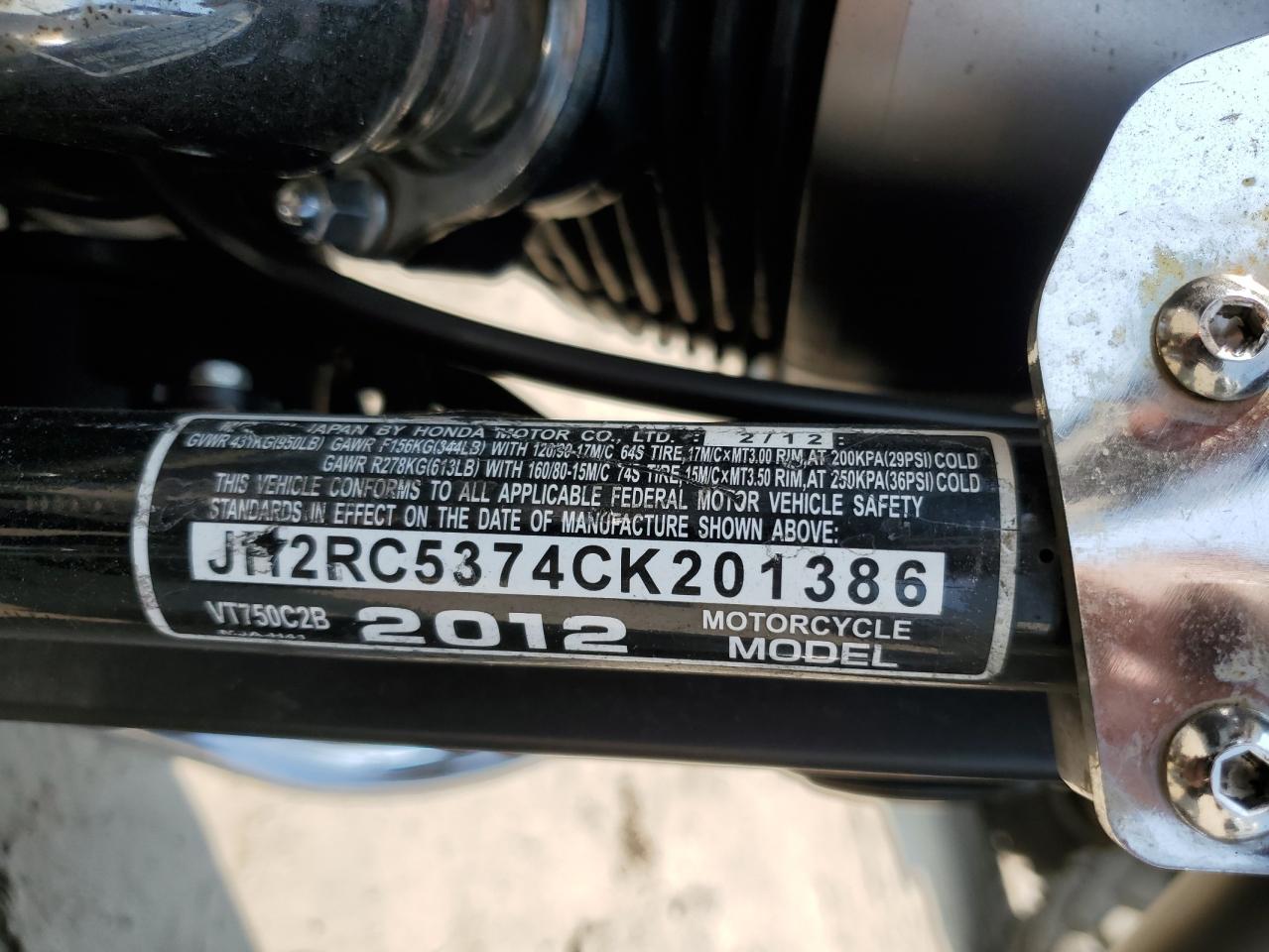 2012 Honda Vt750 C2B VIN: JH2RC5374CK201386 Lot: 58908035