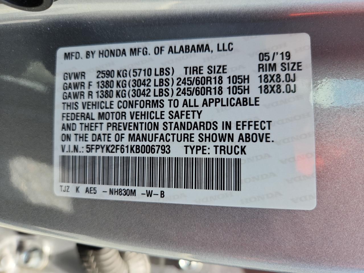 2019 Honda Ridgeline Rtl VIN: 5FPYK2F61KB006793 Lot: 60618685