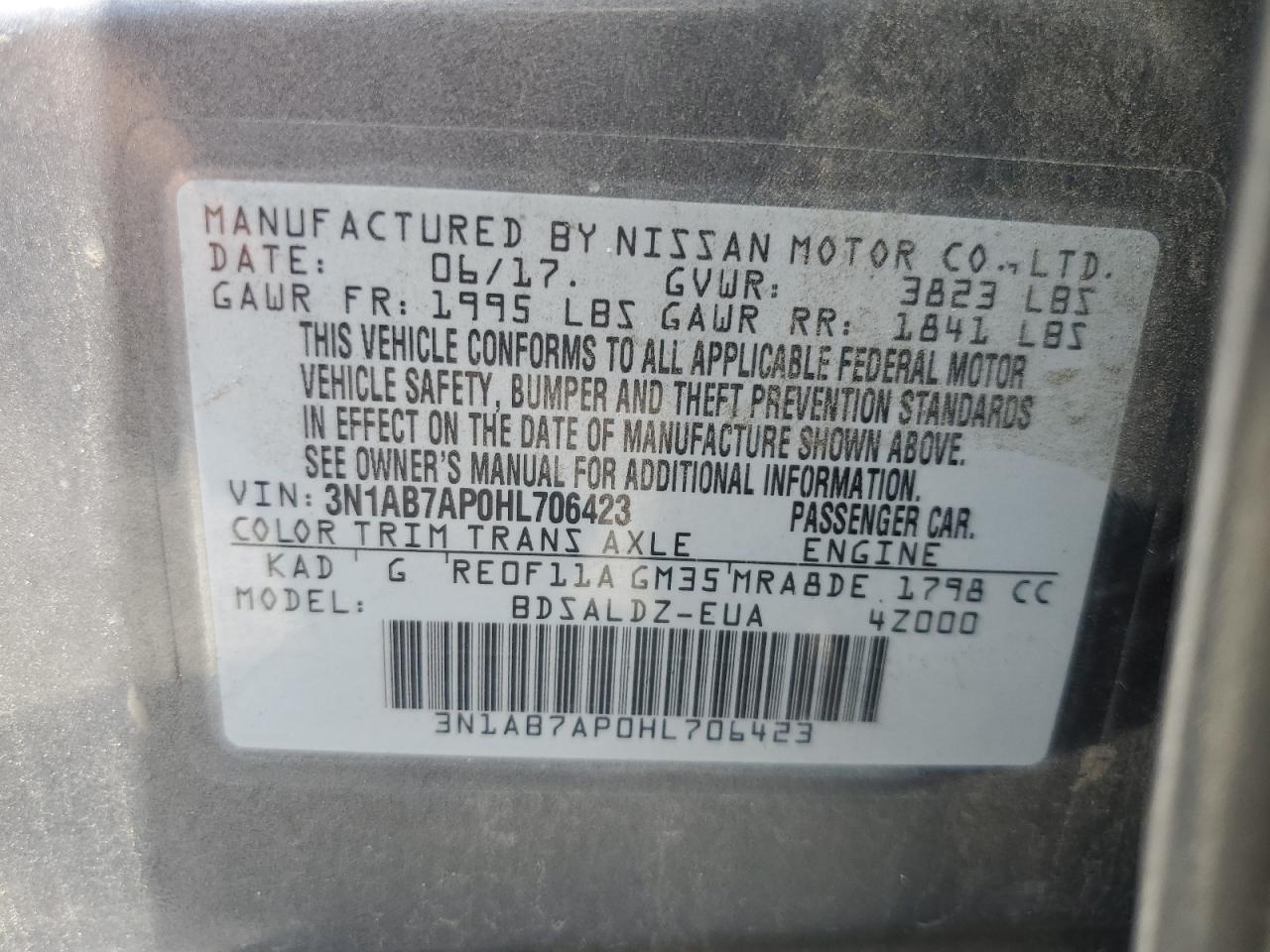 2017 Nissan Sentra S VIN: 3N1AB7AP0HL706423 Lot: 60727605