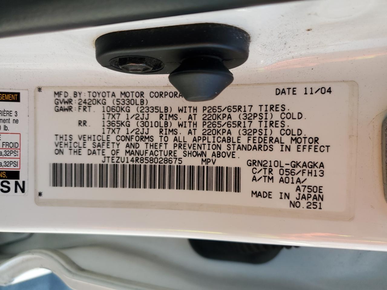 2005 Toyota 4Runner Sr5 VIN: JTEZU14R858028675 Lot: 63039175