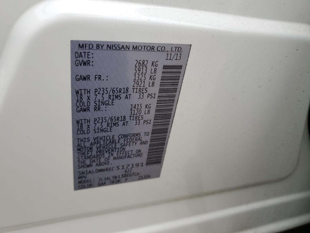 2014 Infiniti Qx60 VIN: 5N1AL0MN4EC517191 Lot: 61991175