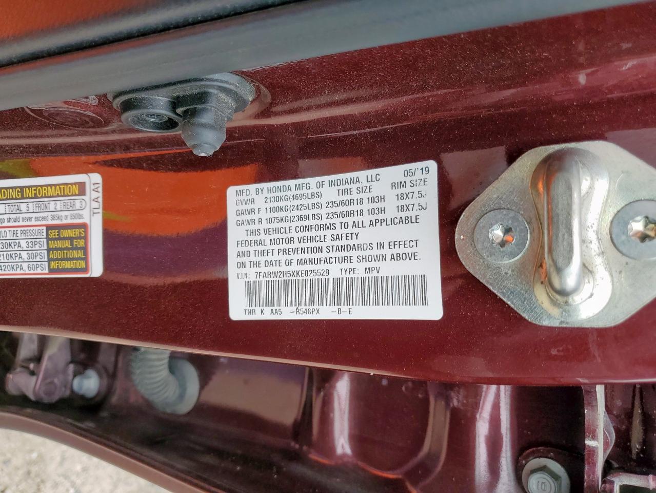 2019 Honda Cr-V Ex VIN: 7FARW2H5XKE025529 Lot: 63036285