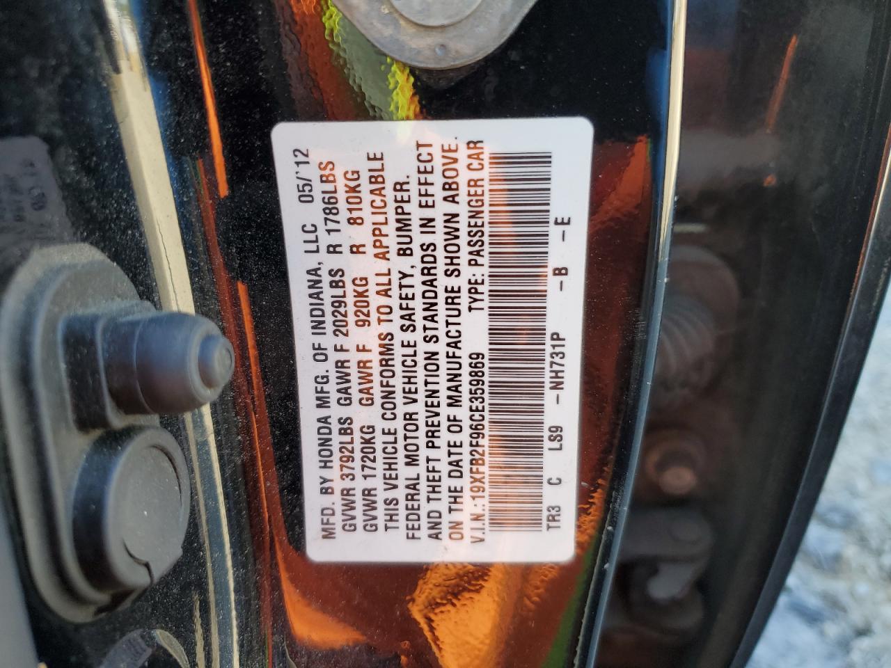 2012 Honda Civic Exl VIN: 19XFB2F96CE359869 Lot: 62214455