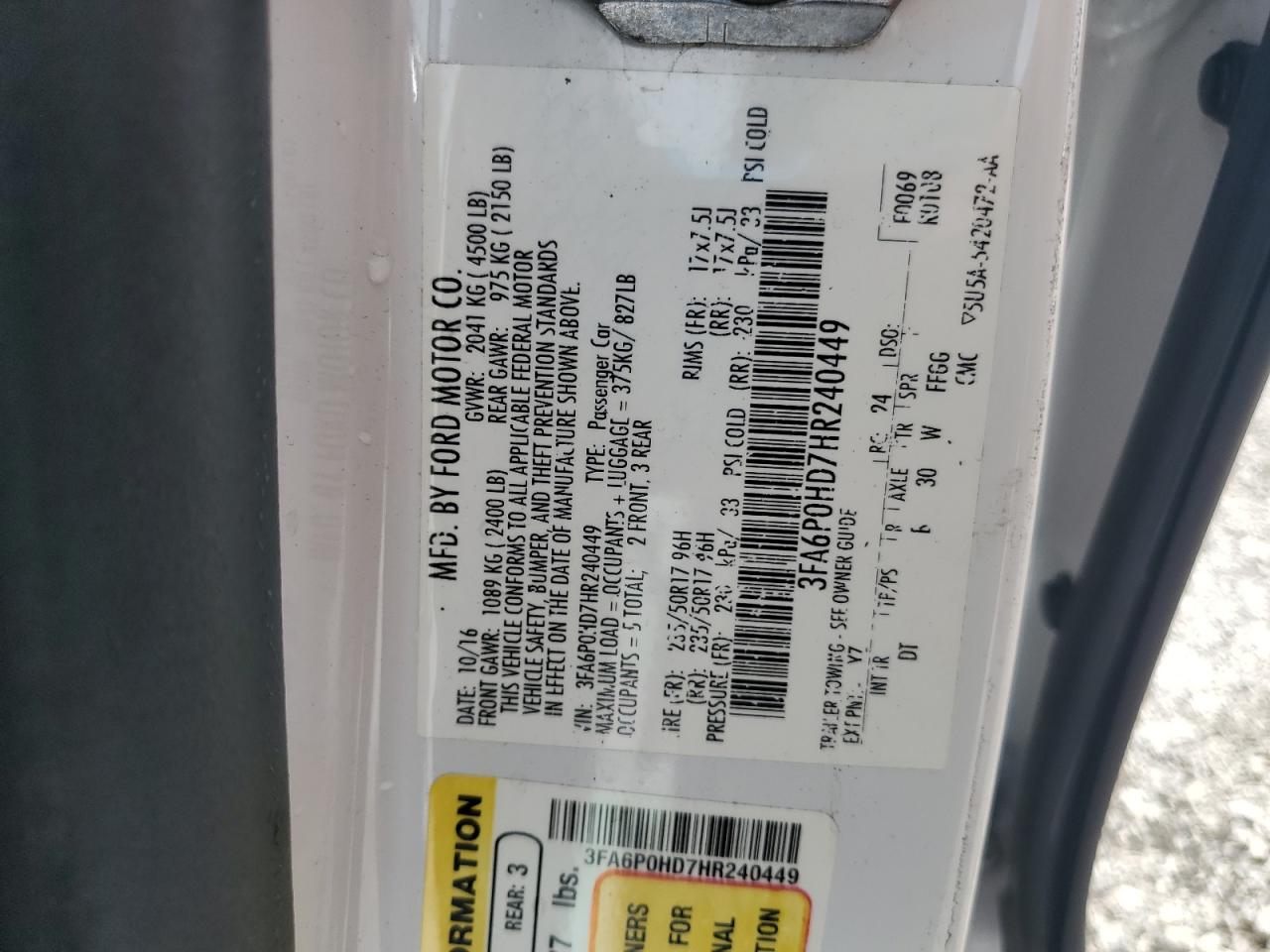 3FA6P0HD7HR240449 FORD FUSION 2017