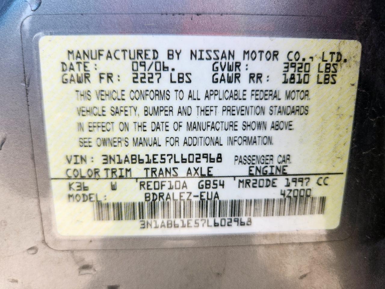 2007 Nissan Sentra 2.0 VIN: 3N1AB61E57L602968 Lot: 59209955